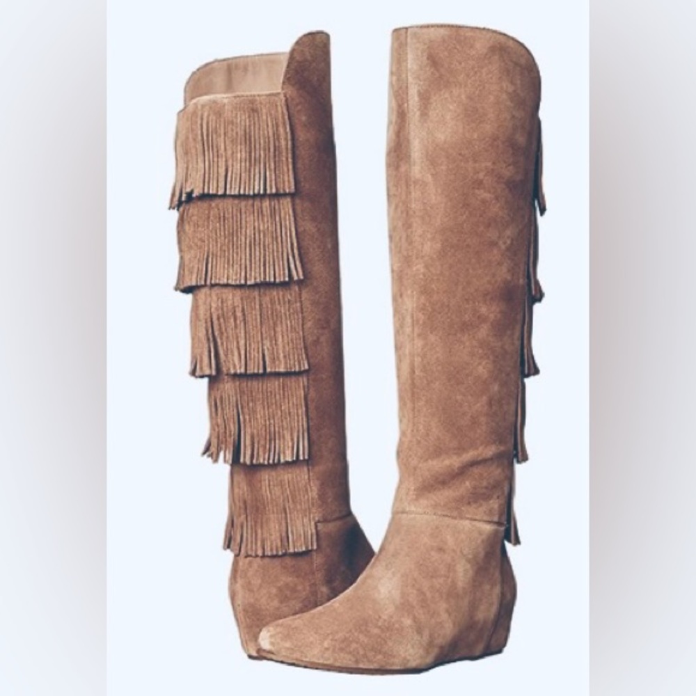 ISOLA Tavora Havana Tan Tall  Suede Leather upper Fringe boots Size 7.5